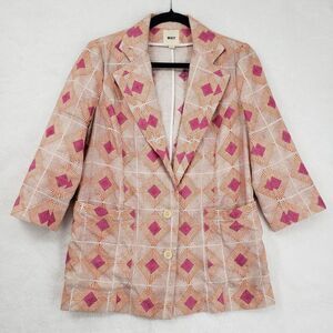 WHIT Blazer Womens Small Pink Orange Geometric Linen Silk Made in USA 3/4 Sleeve